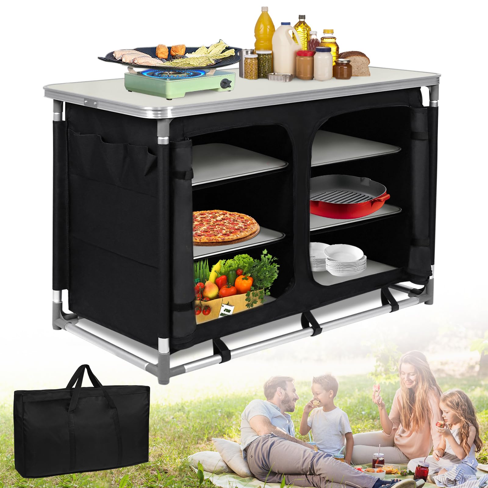 Cocina de camping plegable, armario de cocina para exteriores con compartimentos de almacenamiento y bolsa de transporte, para camping, mesa de café, cocina, para parque, fiesta, pícnic,