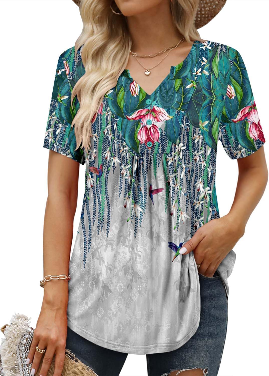 BETTE BOUTIK Womens Short Sleeve Tunics V Neck Button Down Shirts Blouse Tops Pullover S-3XL - Image 2