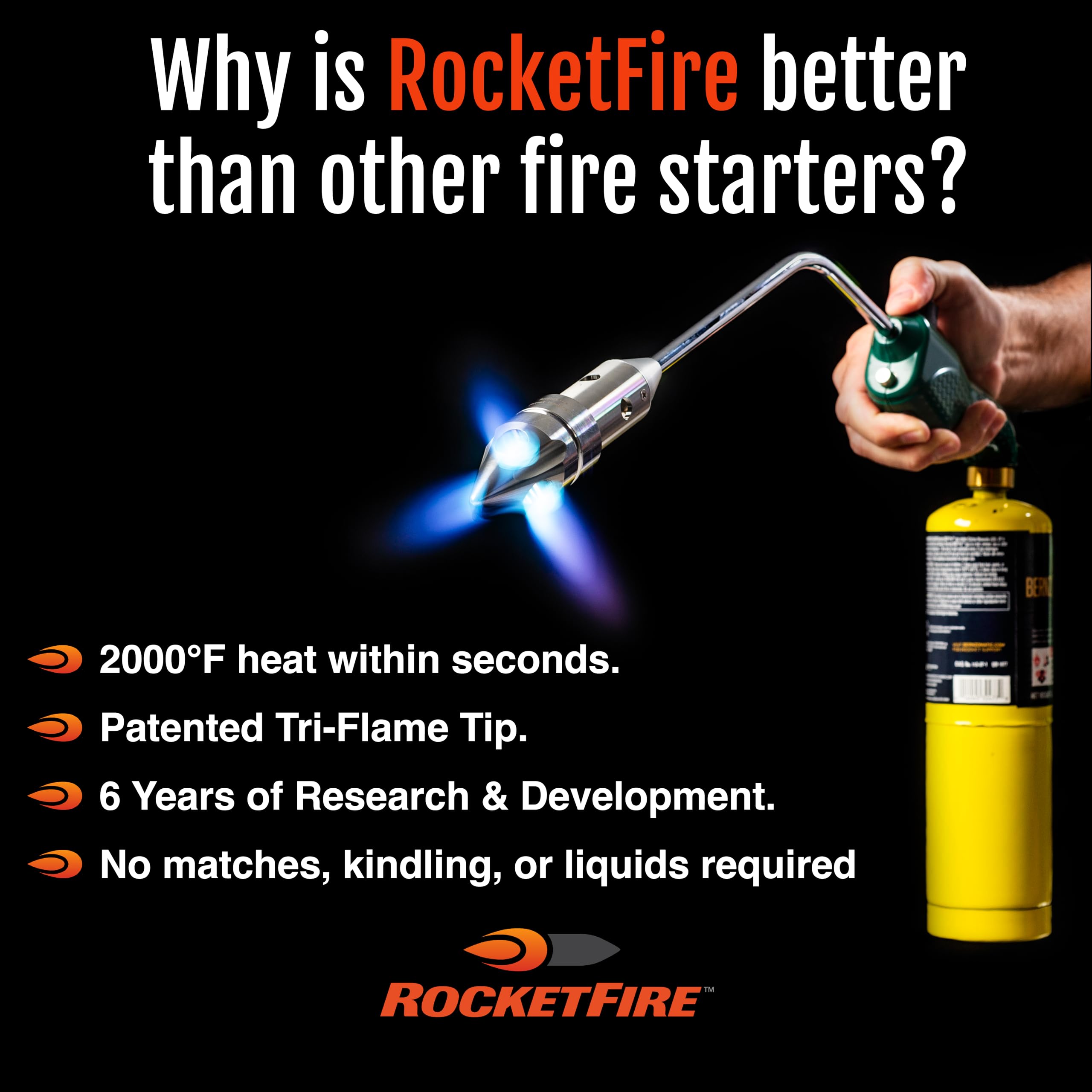 ROCKETFIRE Feuerstarter-Fackel, perfekter Propangas-Fackelkopf, Grillpistole, Kohlebrenner, kompatibel mit Bernzomatic Propan und MAP/PRO Kraftstoffen, dreiflammige Edelstahlspitze, Kraftstoff nicht