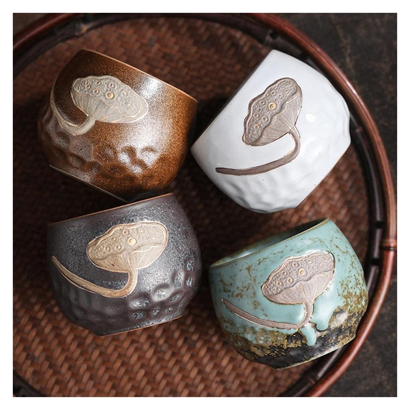 BOSUGECoffee Mugs Coffee Cup Champagne Glass Gift Si Ji Bei Lotus Seedpod Lotus Relief Tea Cup Retro Coarse Pottery Kiln Baked Cup 4-Packed In Cup Large Size Teacup Master Cup (Color : Set Gift Box)