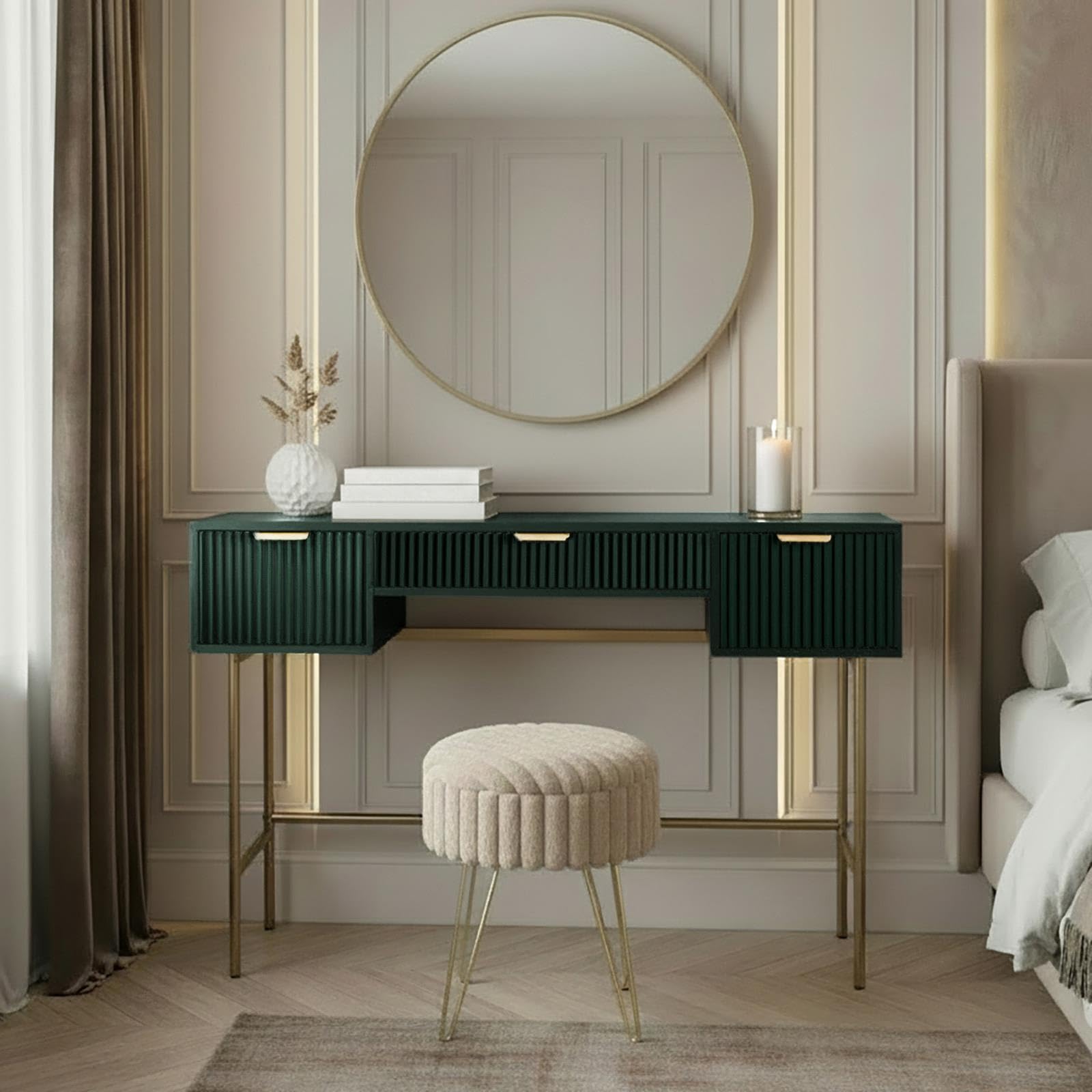 OHS Dressing Table, Ribbed Wooden Vanity Makeup Desk with Drawers Gold Metal Frame Decorative Drawer Organiser Modern Vanity Table for Bedroom, Forest Green - 110 x 35 x 75cm