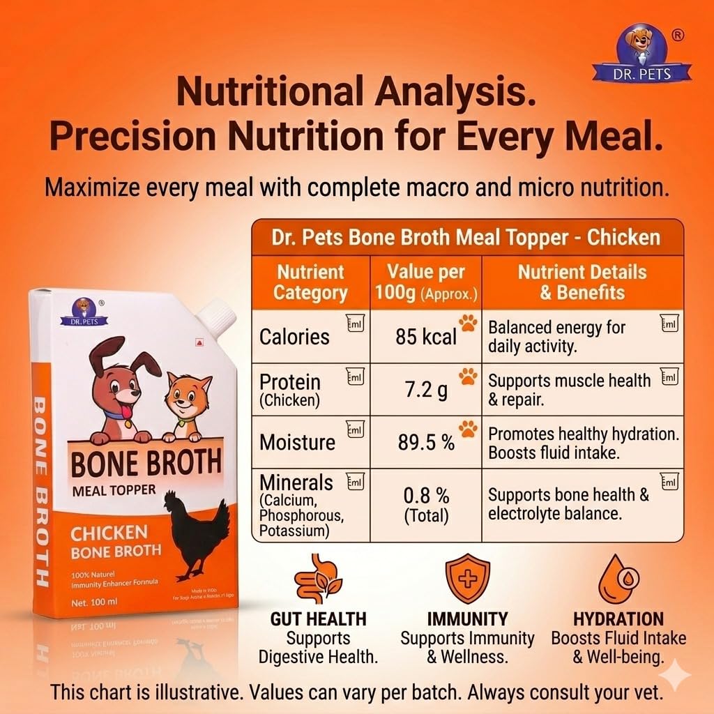 Dr. Pets Pack of 3 (100ml Each) Chicken Bone Broth for Dogs & Cats | Liquid Meal Topper & Gravy | Supports Digestion, Hydration & Joint Health 3