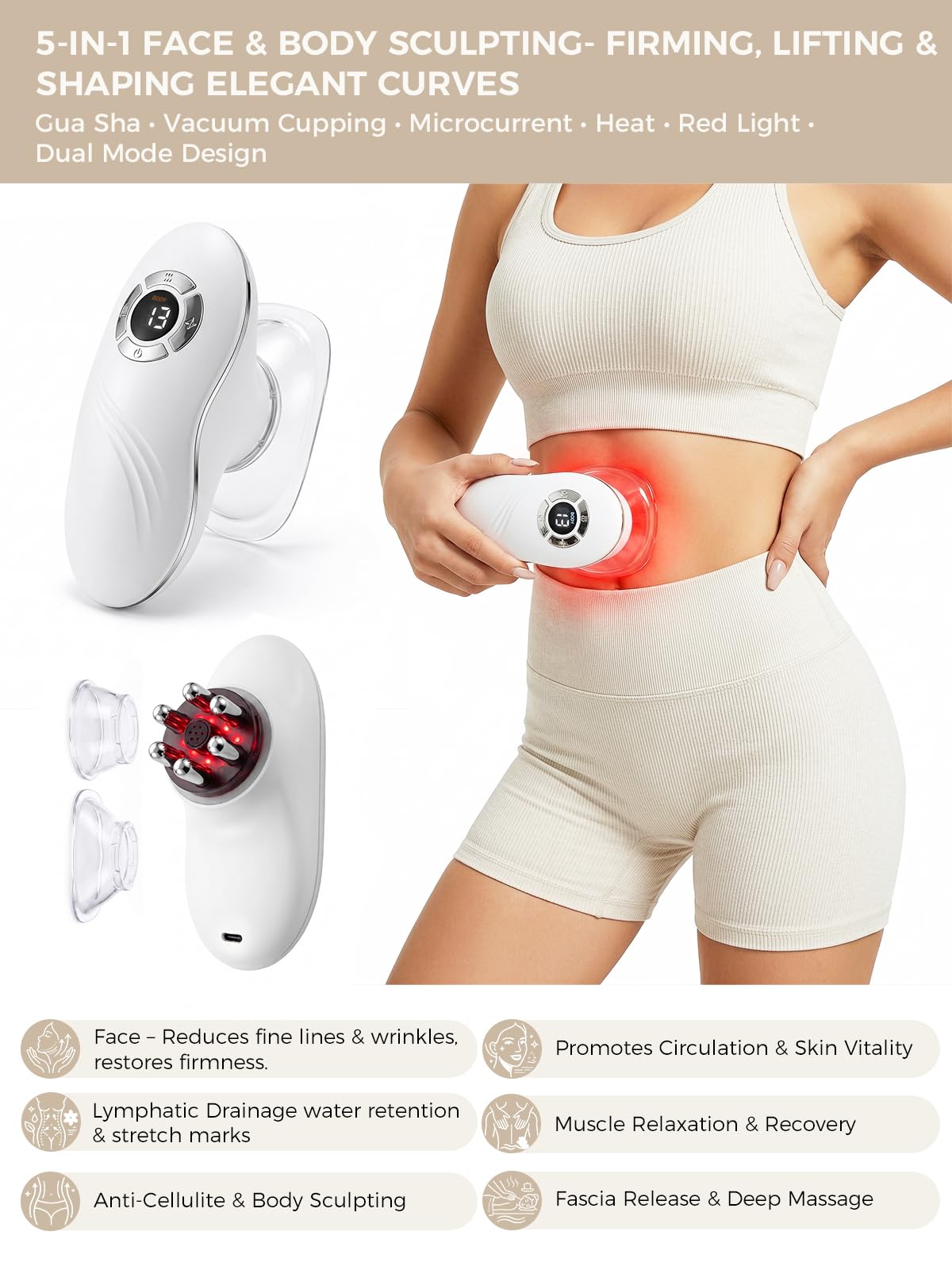 5-in-1 Face & Body Sculpting Machine, Gua Sha & Vacuum Cupping Massager, Lymphatic Drainage, Anti-Cellulite & Skin Firming Care for Belly, Arms, Legs, Waist & Back