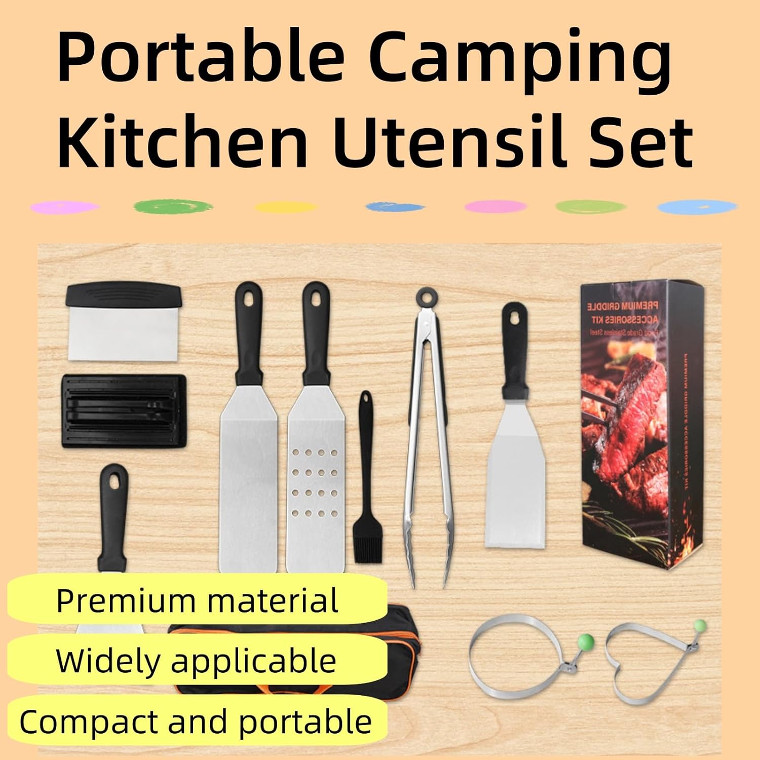 Portable Camping Kitchen Utensil Set-13 Piece Cookware Kit, Stainless Steel Outdoor Cooking and Grilling Utensil Organizer Travel Set for Travel, Picnics, RVs, Camping, BBQs, Parties