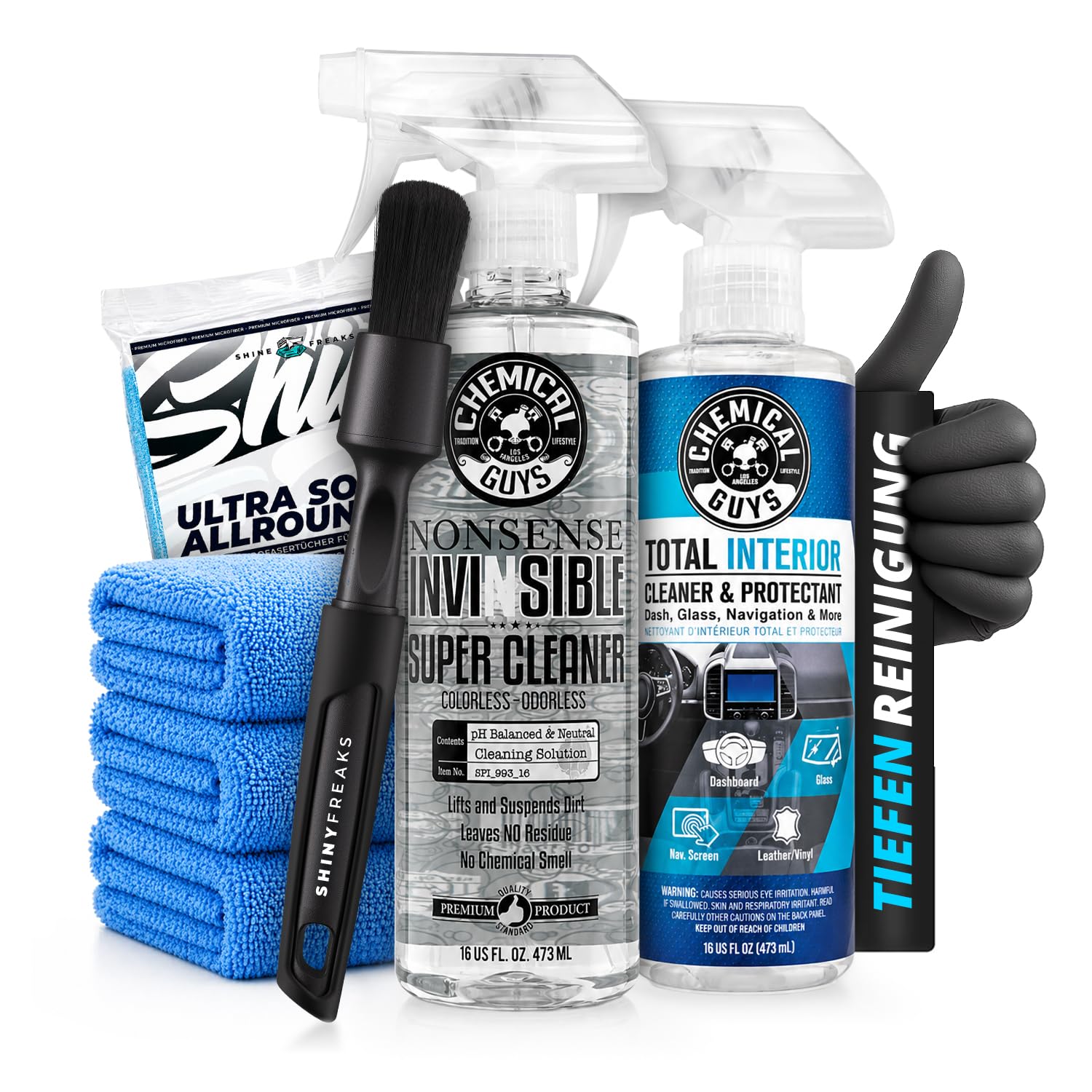 Chemical Guys Interior Detail Kit: Nonsense 473ml + Total Interior 473ml + Brush + 3 Mikrofasertücher + Handschuhe | Innenraum reinigen und pflegen | 7-teilig