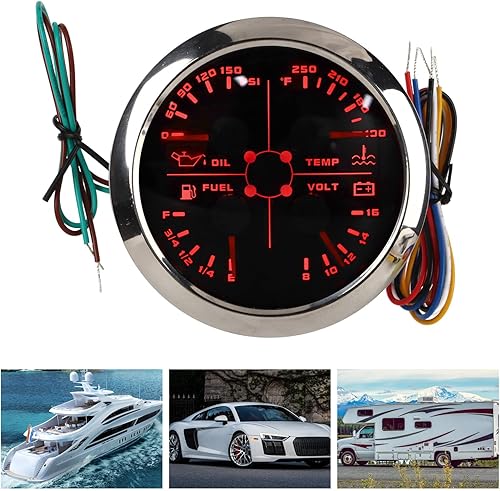Miniatura 4 de Medidor multifunción 4 en 1, voltímetro de 3.346 in, nivel de combustible, presión de aceite, medidor de temperatura del agua, impermeable DC 9 a 32