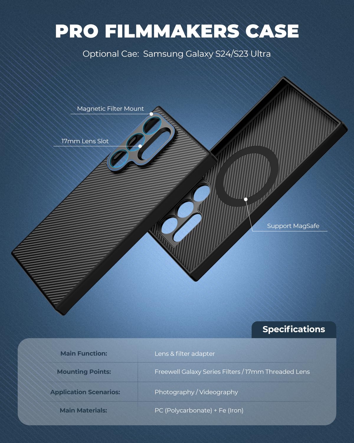 FREEWELL Pro Filmmaker Étui pour Samsung S24 Ultra – Filtres magnétiques et Fente d'objectif 17 mm Noir