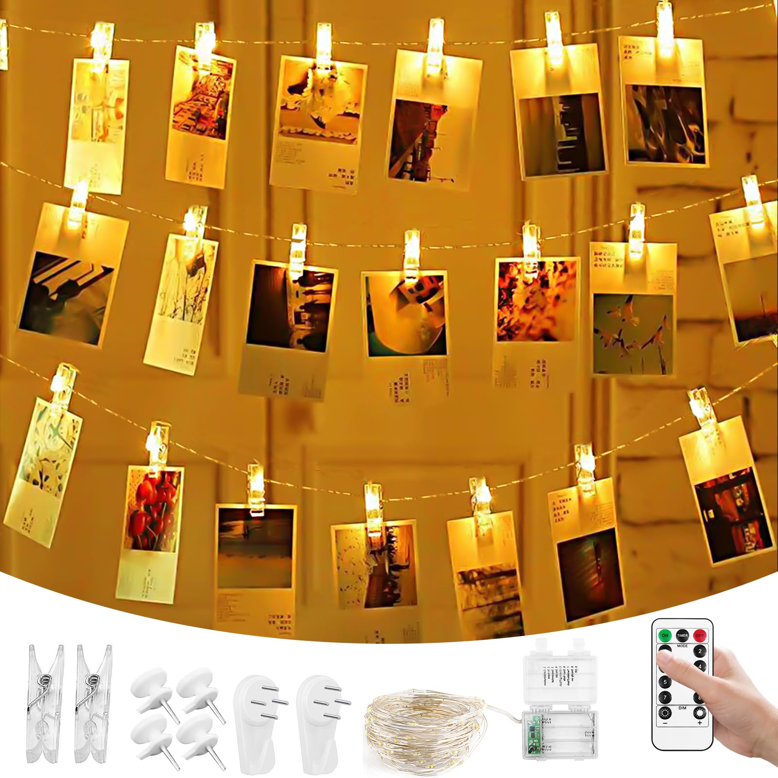 Hengxinchen 10m 100 Led Clip Cadena de Luces, Led Colgar Fotos 65 Pinzas Fotoclips Guirnalda de decoración Luces Led Pilas Fairy Lights per Navidad, Habitaciones, Bodas, Cumpleaños