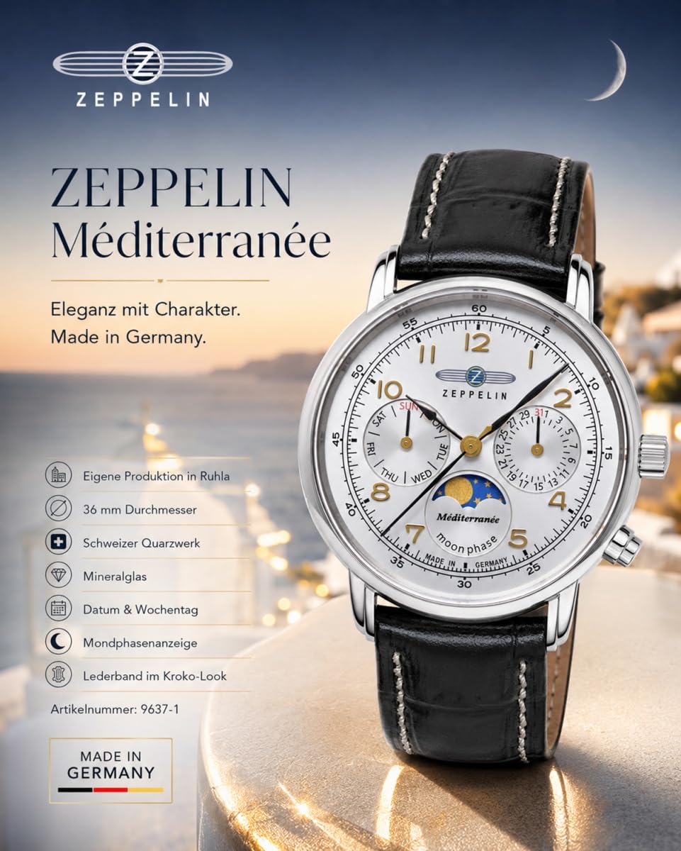 Zeppelin Méditerranée 9637-1 Montre à quartz pour femme 36 mm | Phase lunaire, date, jour de la semaine, cadran argenté, bracelet en cuir noir, 5 ATM, fabriqué en Allemagne
