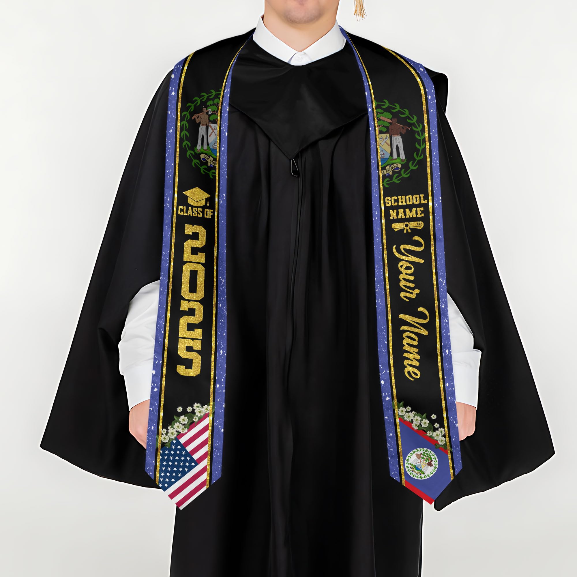 MonkeyVan Personalized Belize Graduation Stole, Belize Graduation Sash, Belizean Flag Graduation 2025 Stole, Class of 2025 Bl1
