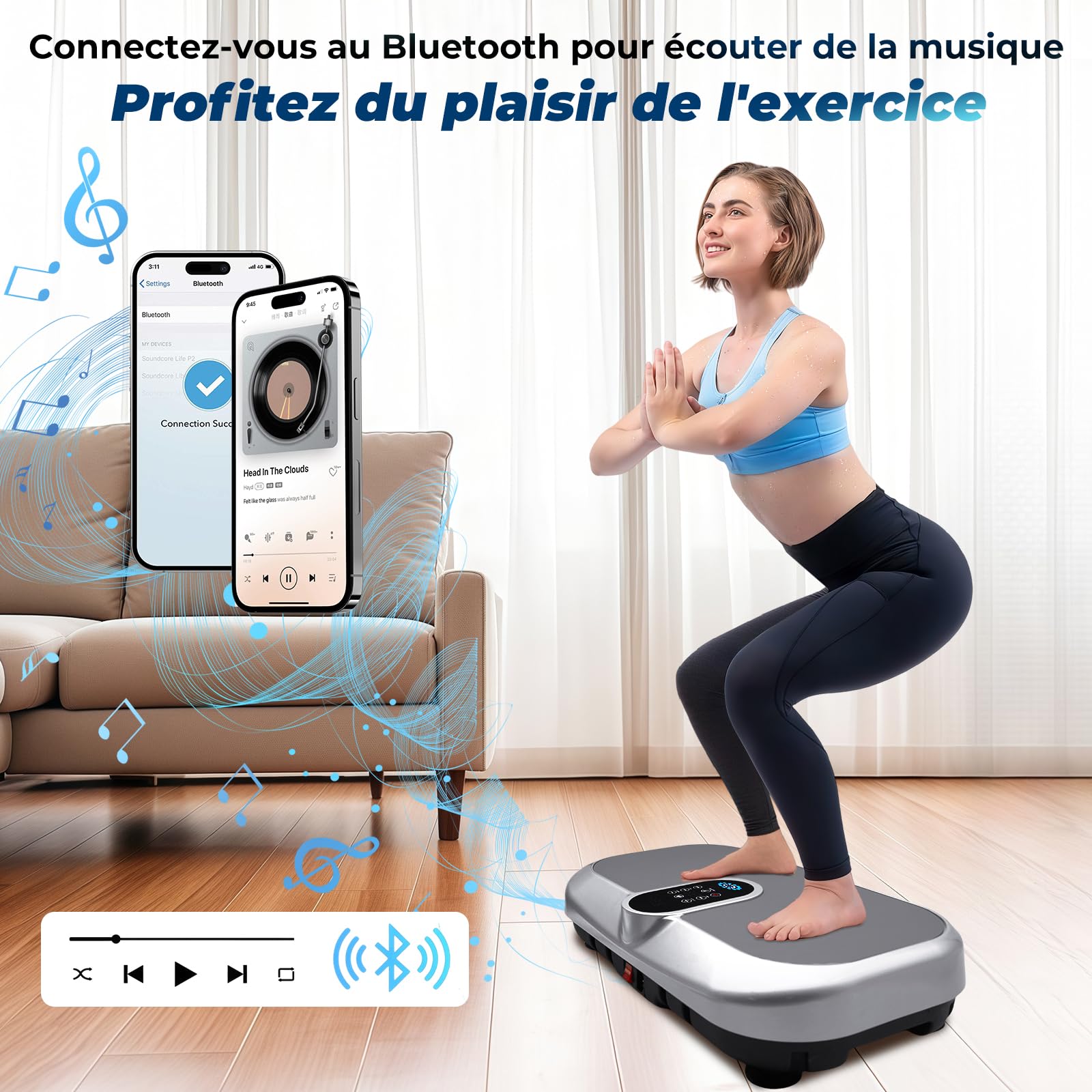 Plateforme Vibrante 150KG avec Bandes de Résistance et Télécommande, Plaque vibrante Fitness avec 120 Niveaux de Vibration et 9 Programmes d'entraînement Automatiques, Haut-Parleur Bluetooth
