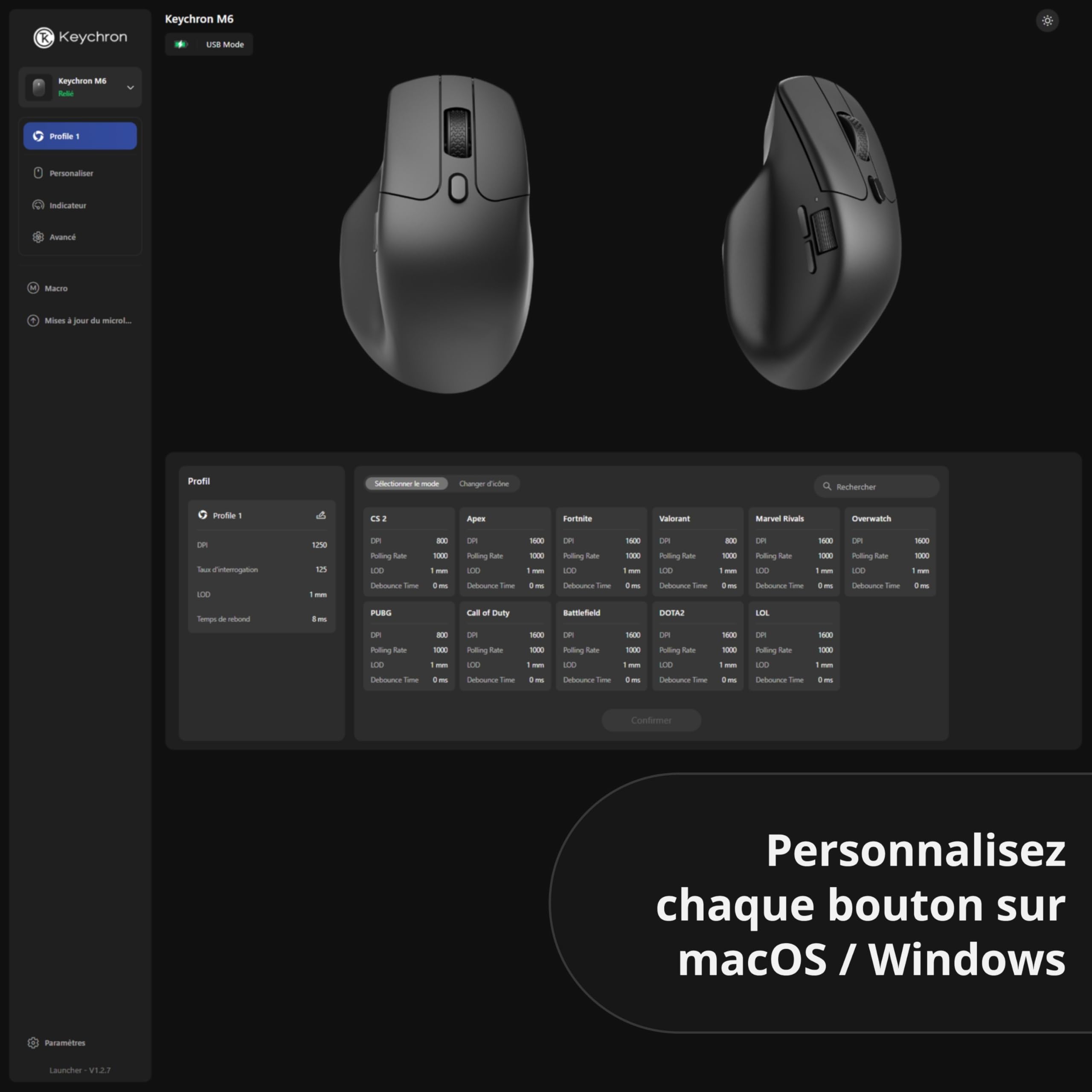 Keychron M6 Souris Silencieuse sans Fil, 2.4 GHz/BT 5.3/USB-C, 8000Hz, PixArt 3950, Molette en Métal, Autonomie Jusqu’à 120h, Programmable Via Launcher, Souris Gamer pour Windows, Mac et Linux, Noir