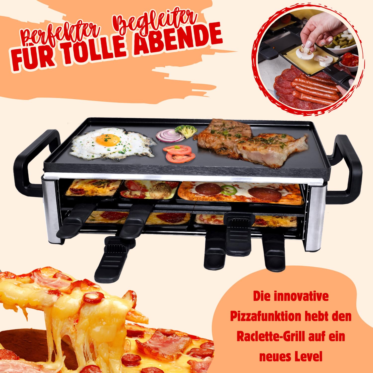 Syntrox 16 Personen Raclette | Tischgrill | Pizzagrill | Pfännchen | emailliert, für große Gruppen, Robust und langlebig, Edelstahl, Schwarze Optik
