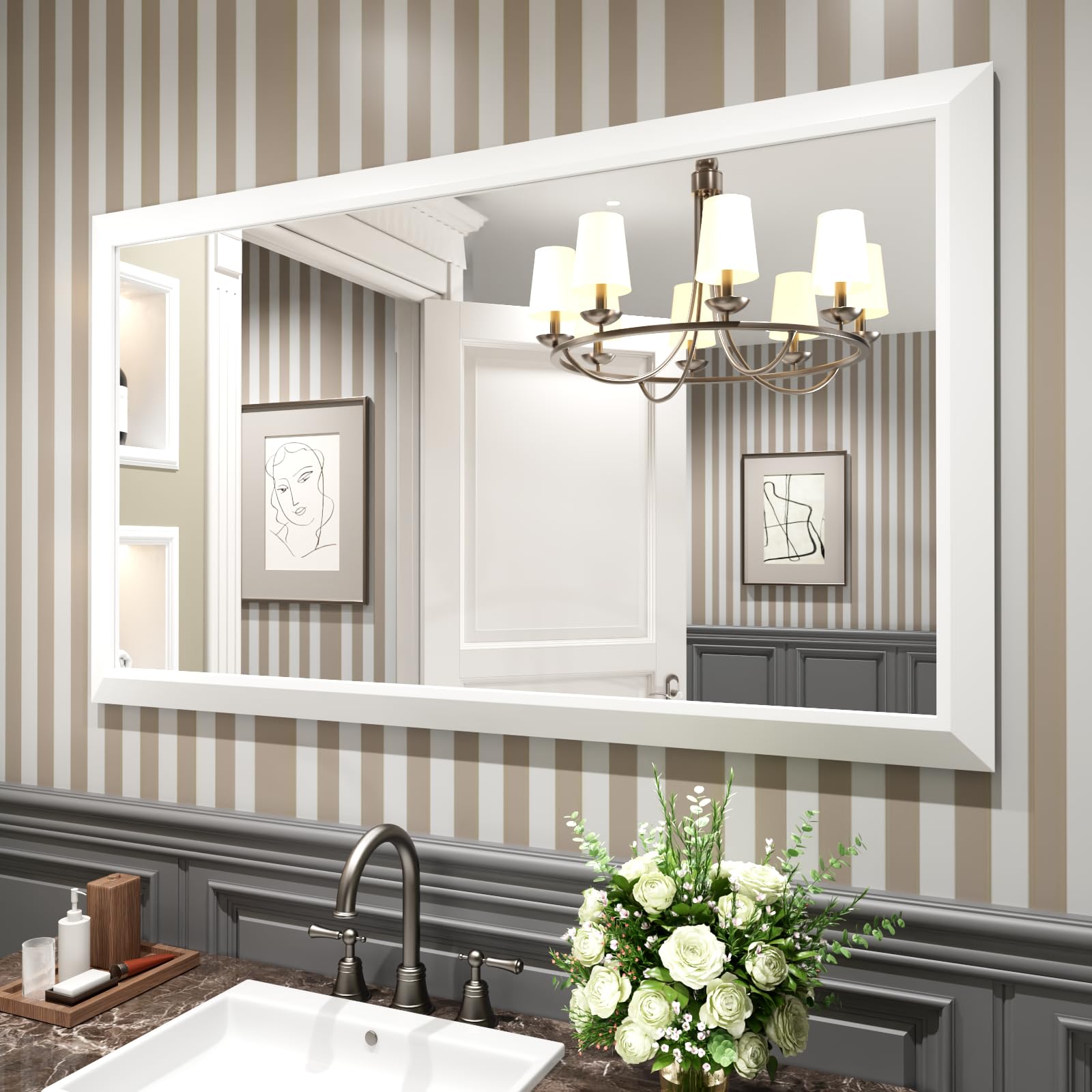 amorho bathroom mirror, 55x32 inch white thick metal framed wall mirrors for over 2 sinks, bedroom, living room, entryway, large rectangle wall-mounted mirrors.