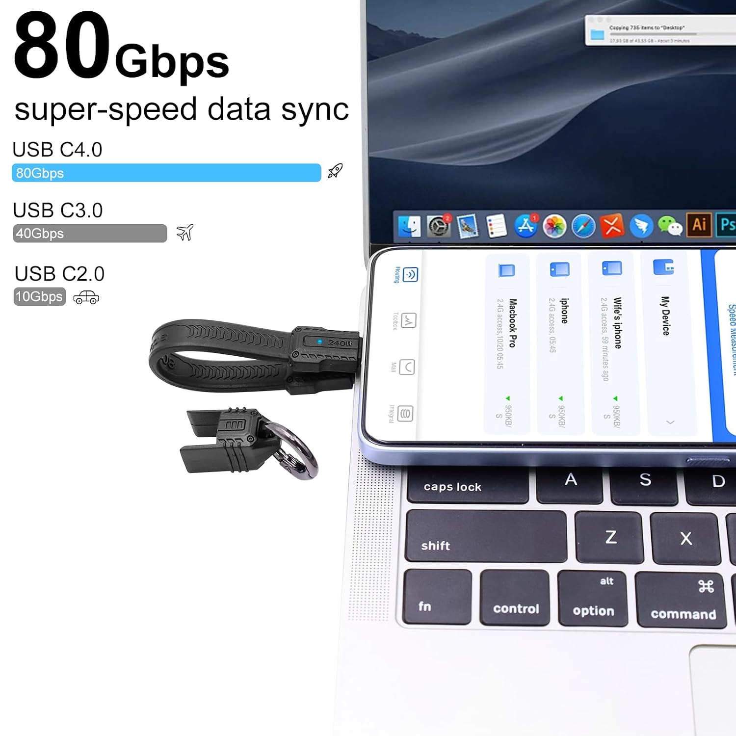 Poyiccot USB C Cable Keychain, 240W USB C Keychain Cable, 80Gbps Data Transfer, 8K 60Hz Video Display for iPhone 16 15, Thunderbolt 4/3, Laptop, External SSD, in Black 13cm image 4