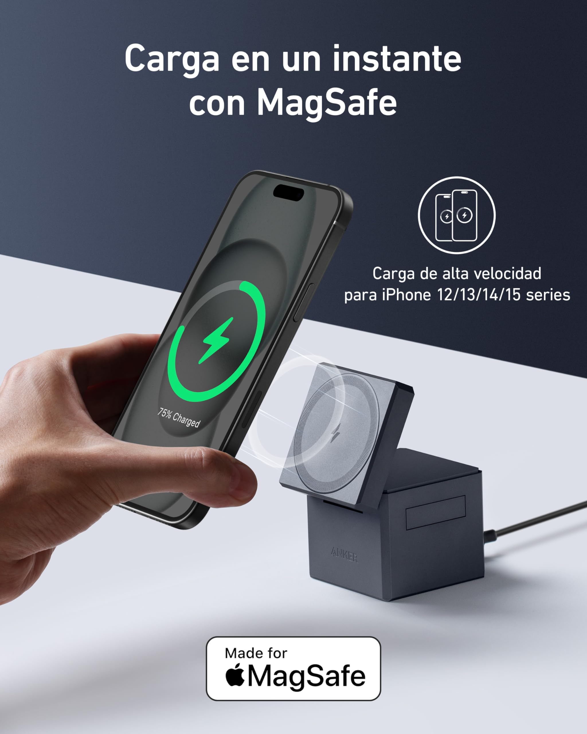 Anker MagGo Cargador Inalambrico iPhone Cubo 3 en 1 con MagSafe 15W, Potencia de Carga Máxima Inalámbrica, Compatible con iPhone 17/16/15/14/13 Air Series, Apple Watch Serie, y AirPods Pro
