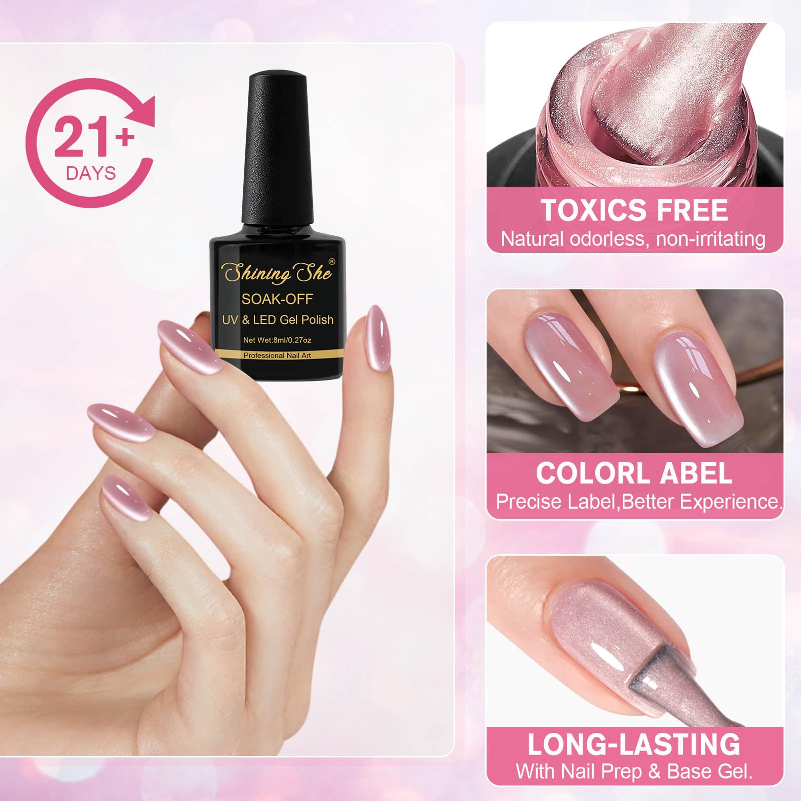 Shining She Półtrwały lakier magnetyczny, 4 odcienie bladego różu, holograficzny brokat kocie oko, z magnetycznym sztyftem, lakier UV/LED, lakier do paznokci, do salonu, domu DIY, 8 ml