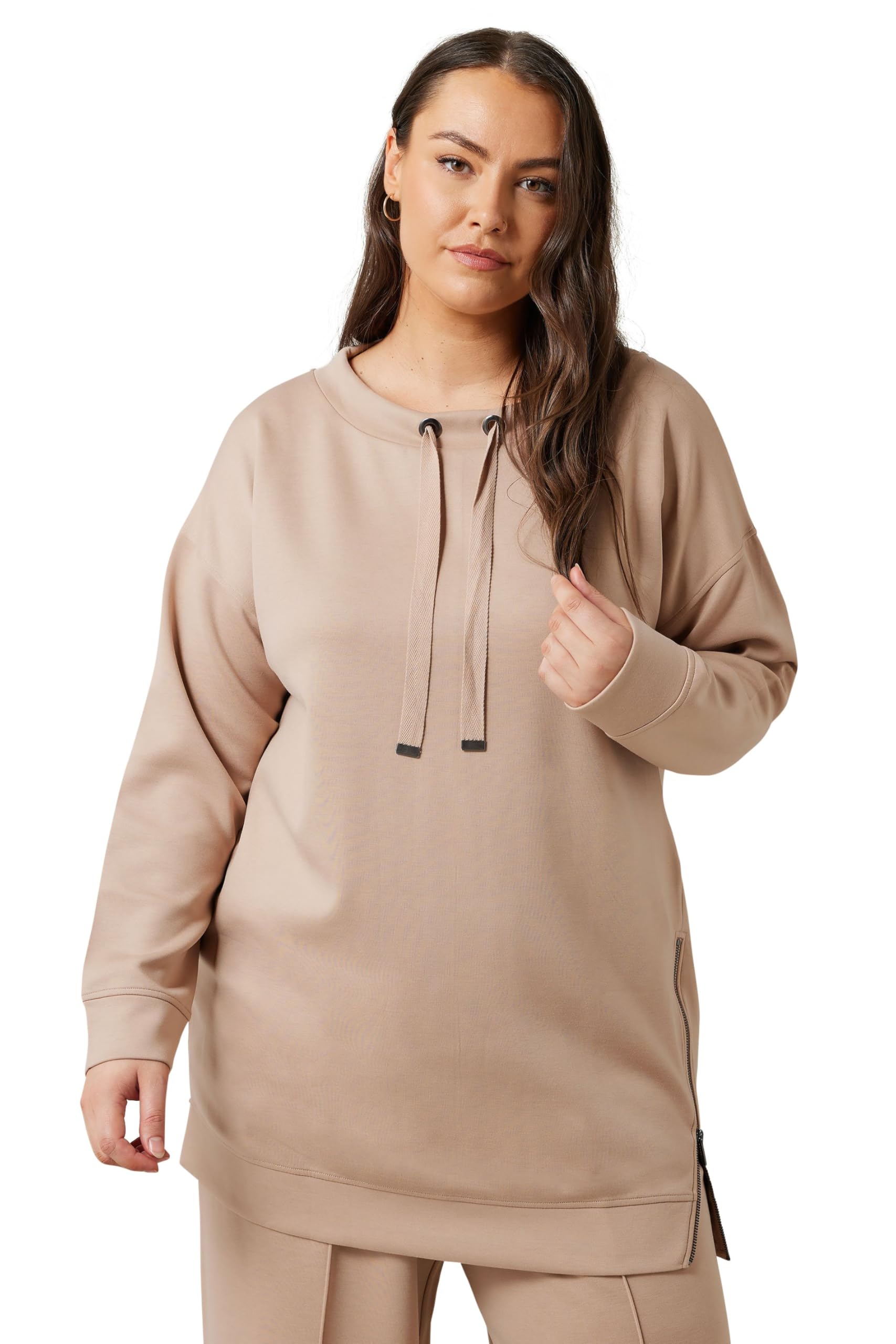 Evans Women's Beige Curve Natural Brown Luxe Zip Detail Sweatshirt - Plus Size Curve
