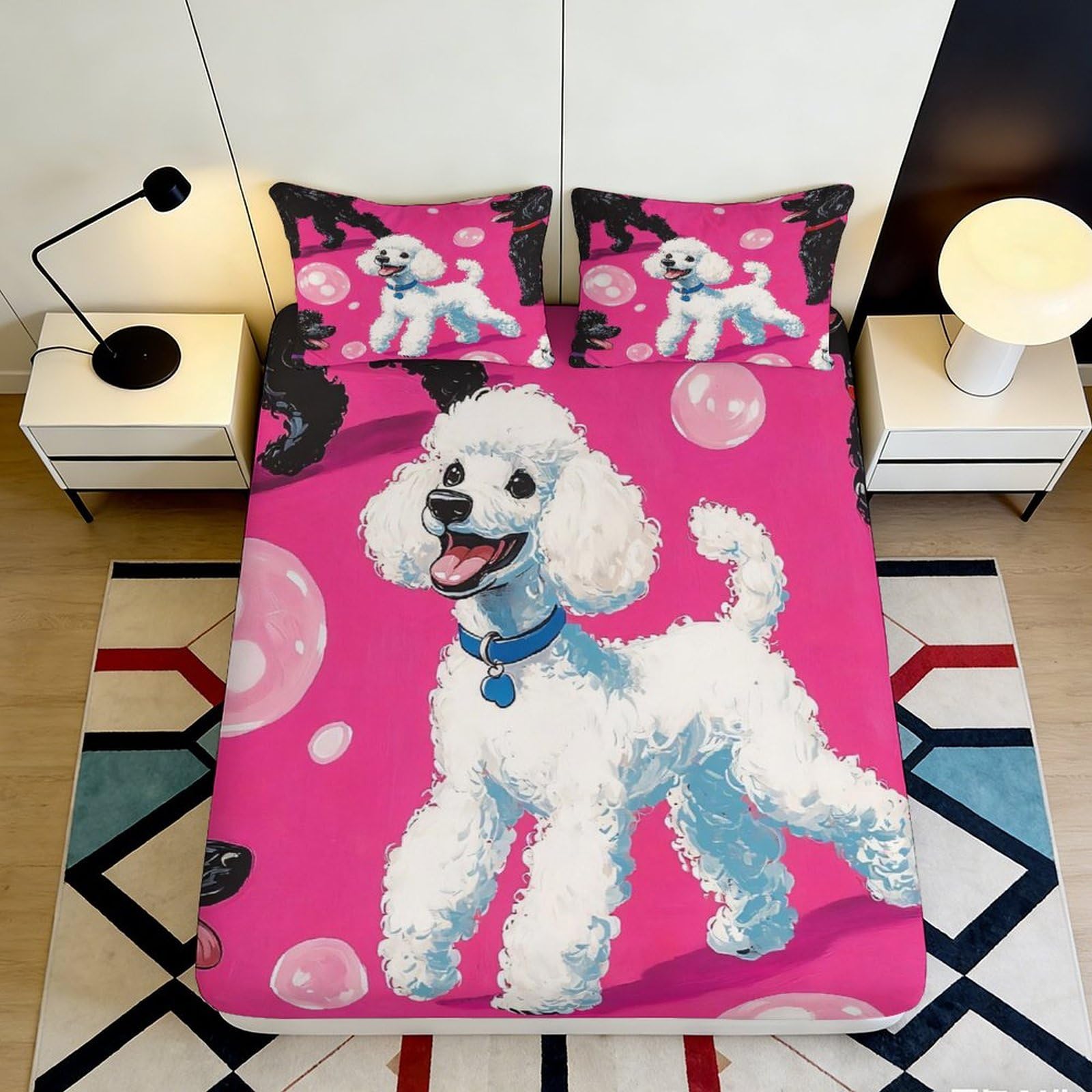 Uxinyoume Style-6 3D Printed Pink Poodle Fitted Sheet Microfiber Soft Decorative Bubble Dog Bed Cover For Bedroom Dorm Mattress Protection 90X200x25cm