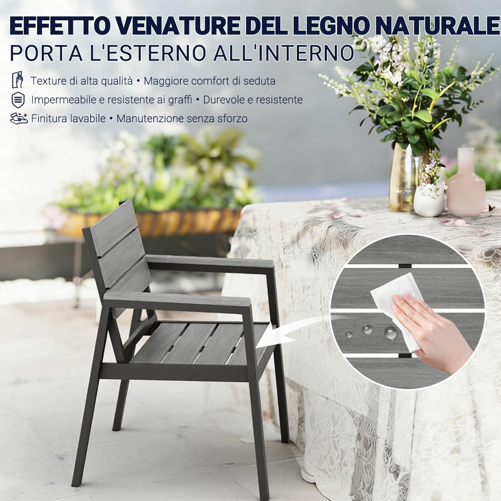 Devoko Sedie da Giardino Set di 2, Sedie da Esterno Alluminio Resistenti e Impermeabili con Finitura a Vena di Legno, Seduta di Dimensione Maggiorata che Supporta 160 kg, Facili da Pulire, Grigio