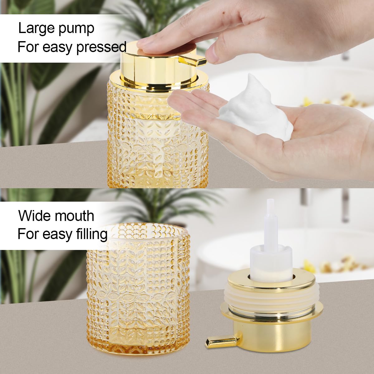 Schaumseifenspender aus bernsteinfarbenem Glas, 2 Stück, nachfüllbarer Schaumseifenspender mit goldfarbener Pumpe, Glas-Lotion-Behälterflasche für Küche und Badezimmer, breite Öffnung und