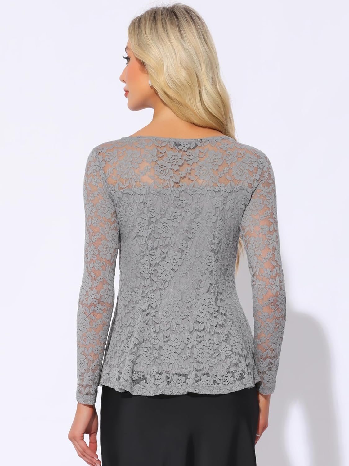 Allegra K Women's Dressy Top Formal Wedding Guest Long Sleeve Lace Peplum Blouse