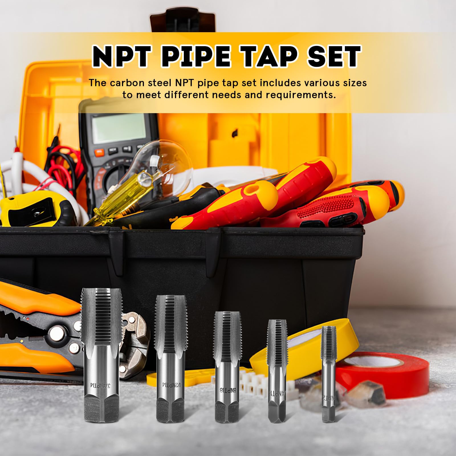 5pezzi Punte Filettate Npt Acciaio Al Carbonio Kit Per Maschiatura Con Diverse Per Idraulica e Manutenzione Meccanica Design Compatto Con Custodia Per Facile Accesso e