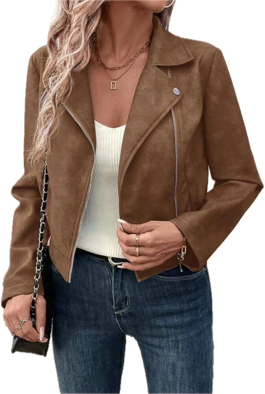 Women's Zip Up Suede Cropped Moto Jacket with Pockets Premium Fashion Outerwear Durable Versatile Everyday Chic Trendy