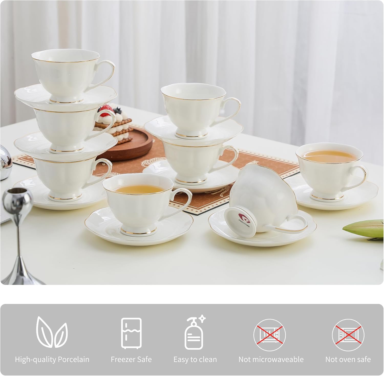 White Ceramic Tea Cup and Saucer Set of 8 (16-Piece) - 6oz Elegant Porcelain Cups with Gold Rim, 8 Cups & 8 Saucers for Tea Party