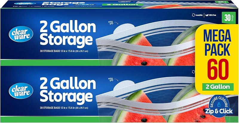 2 Gallon Storage Bags, Double Zipper Seal - 60 Count, Resealable Thick Plastic Food Storage Bags, Zero BPA - Resealable Containers for Lunch, Snacks, Meals - 2 Boxes