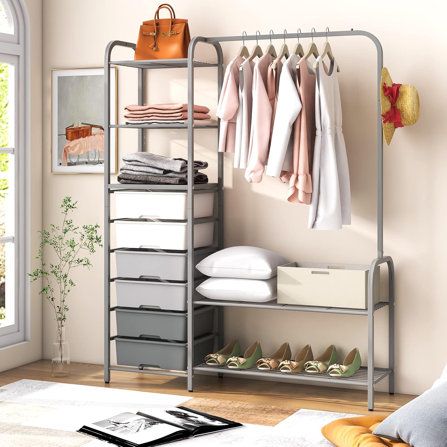 Tangkula Heavy Duty Clothes Rack with 6 Removable Drawers, 3-Tier Open Shelves & 2-Tier Metal Shoe Rack, Side Hook, Garment Rack with Adjustable Feet, Freestanding Closet Organizer for Closet, Bedroom