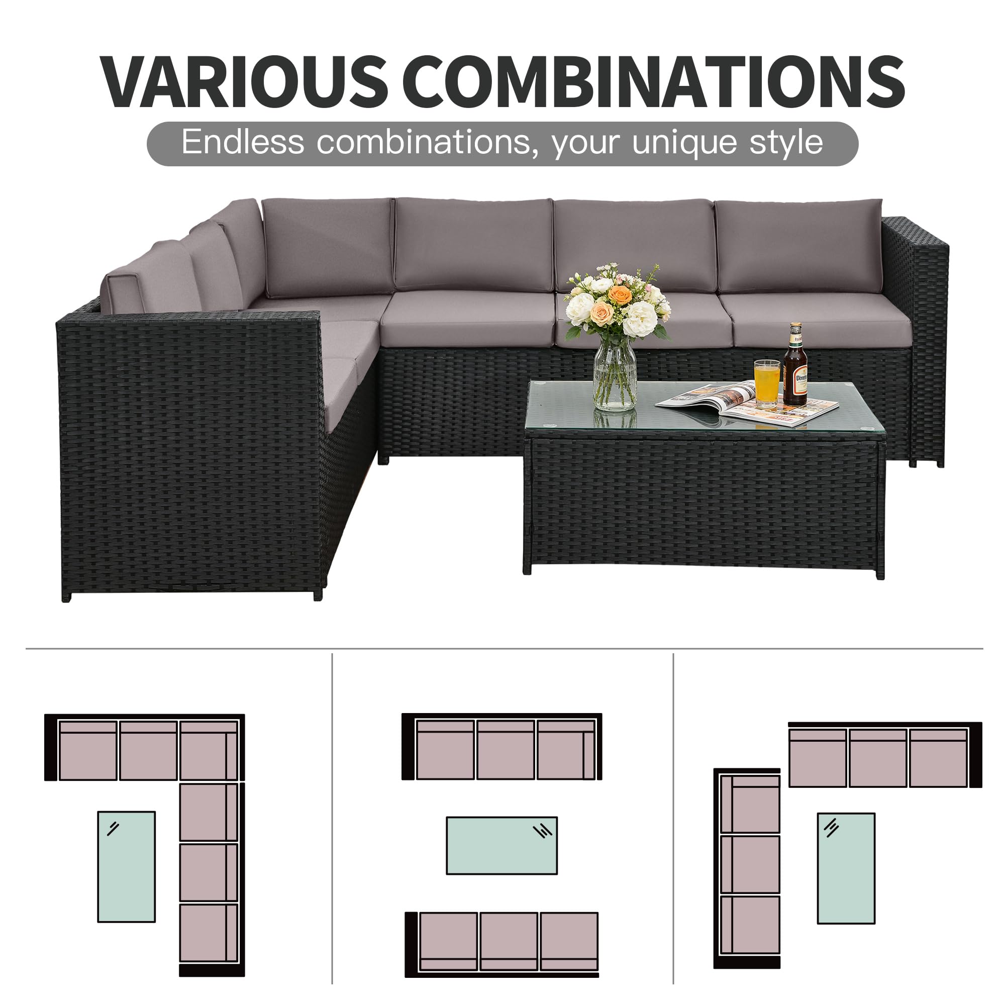 3 Pcs Aluminium Frame Rattan Garden Furniture Set, 6 Seater Corner Garden Sofa with Cushions and Glass Coffee Table, Outdoor Patio Furniture Set for Balcony, Conservatory, Terrace — view 6