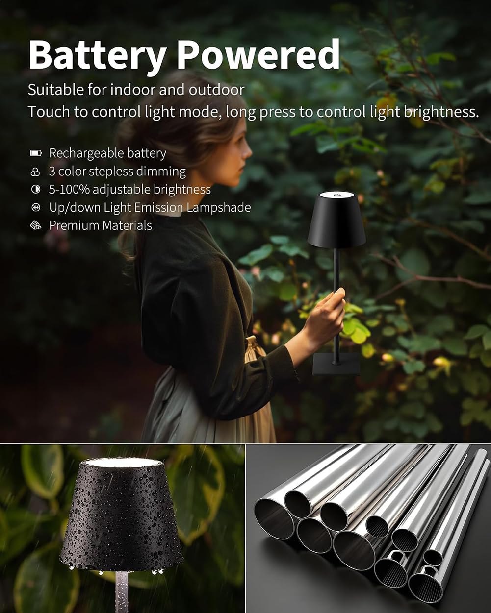 2 pezzi Lampada da Tavolo a Batteria a Forma di Fungo LED Dimmerabile Lampada da Tavolo per Interni Senza fili Ricaricabile Alimentata a Batteria Luce Notturna per Comodino Per Interni,Nero