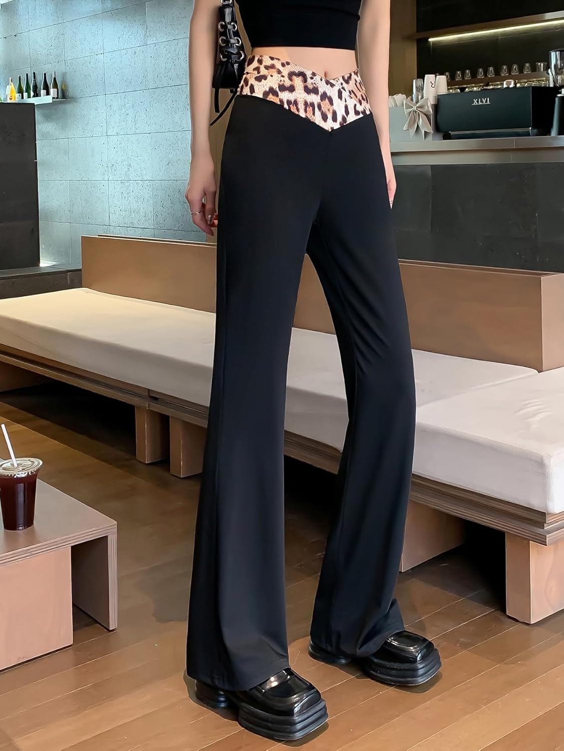 Women Leopard Flare Yoga Pants V Cross Flare Leggings High Waisted Tummy Control Workout Casual Bootcut Pants - Image 2