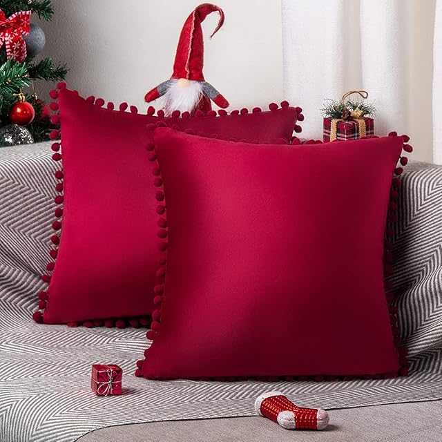 Velvet Cushion Cover 40cm x 40cm Set of 2 ORANIFUL Square Christmas Pillowcase with Pom Poms Decorative Throw Pillow Cases for Sofa Couch Bed Home Decor Car 16 x 16 Inches Red