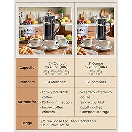 BAYKA French Press Coffee Maker, Large 304 Stainless Steel Coffee Press, Cold Brew Heat Resistant Thickened Borosilicate Coffee Pot for Camping Travel Gifts, 34 Ounce, Dark Pewter