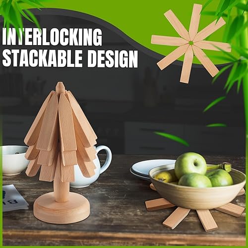 Miniatura 9 de Suzile Juego de 2 salvamanteles de madera para platos calientes, juego de salvamanteles con forma de árbol, posavasos de madera, diseño de árbol,