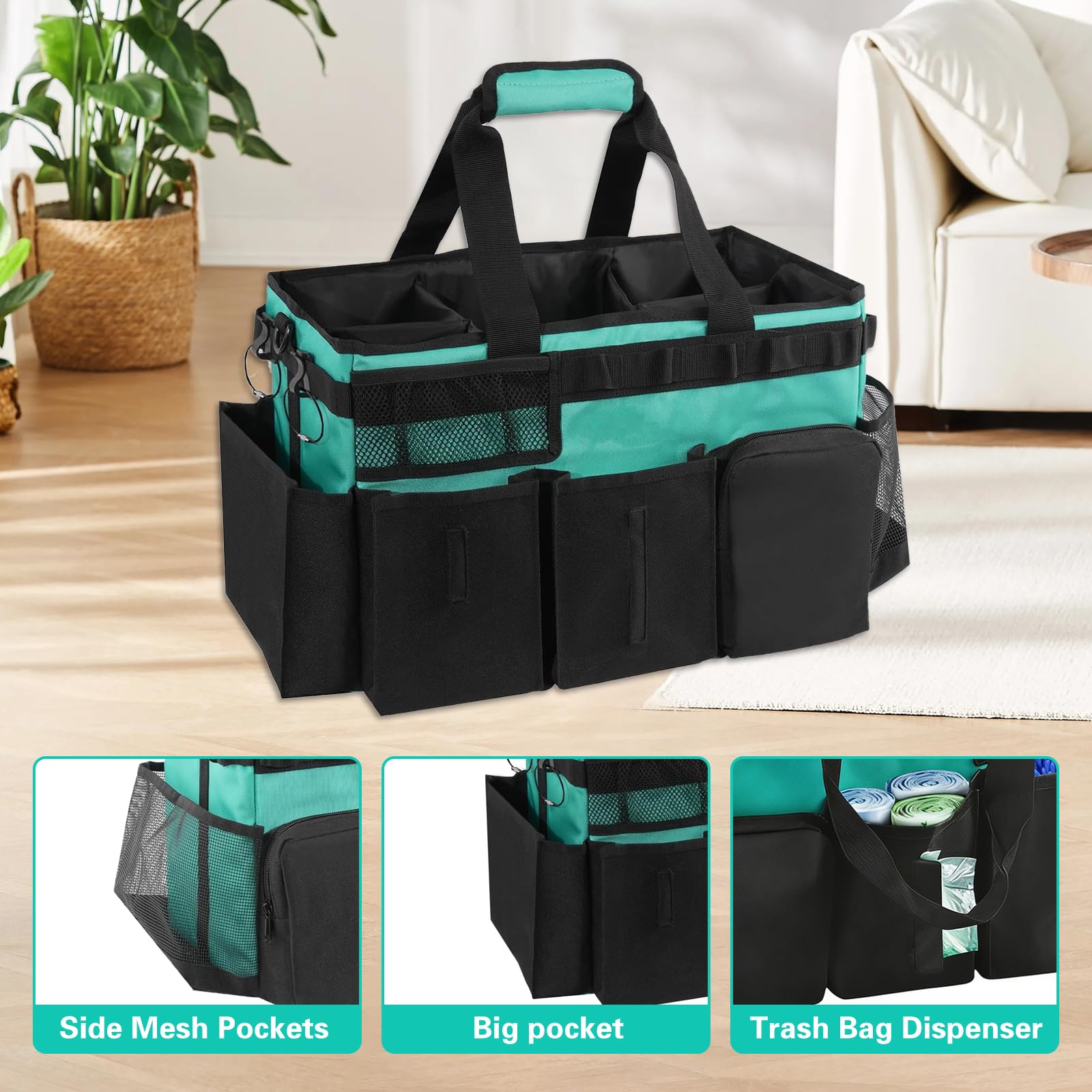 Reinigungs Organizer Tasche, 39*24*27 cm Reinigungs Caddy Organisator mit Griff und Verstellbarem Schultergurt Tragbare Reinigungstasche, Mehreren Taschen für Zuhause Auto Einkaufen Küche (Hellblau)