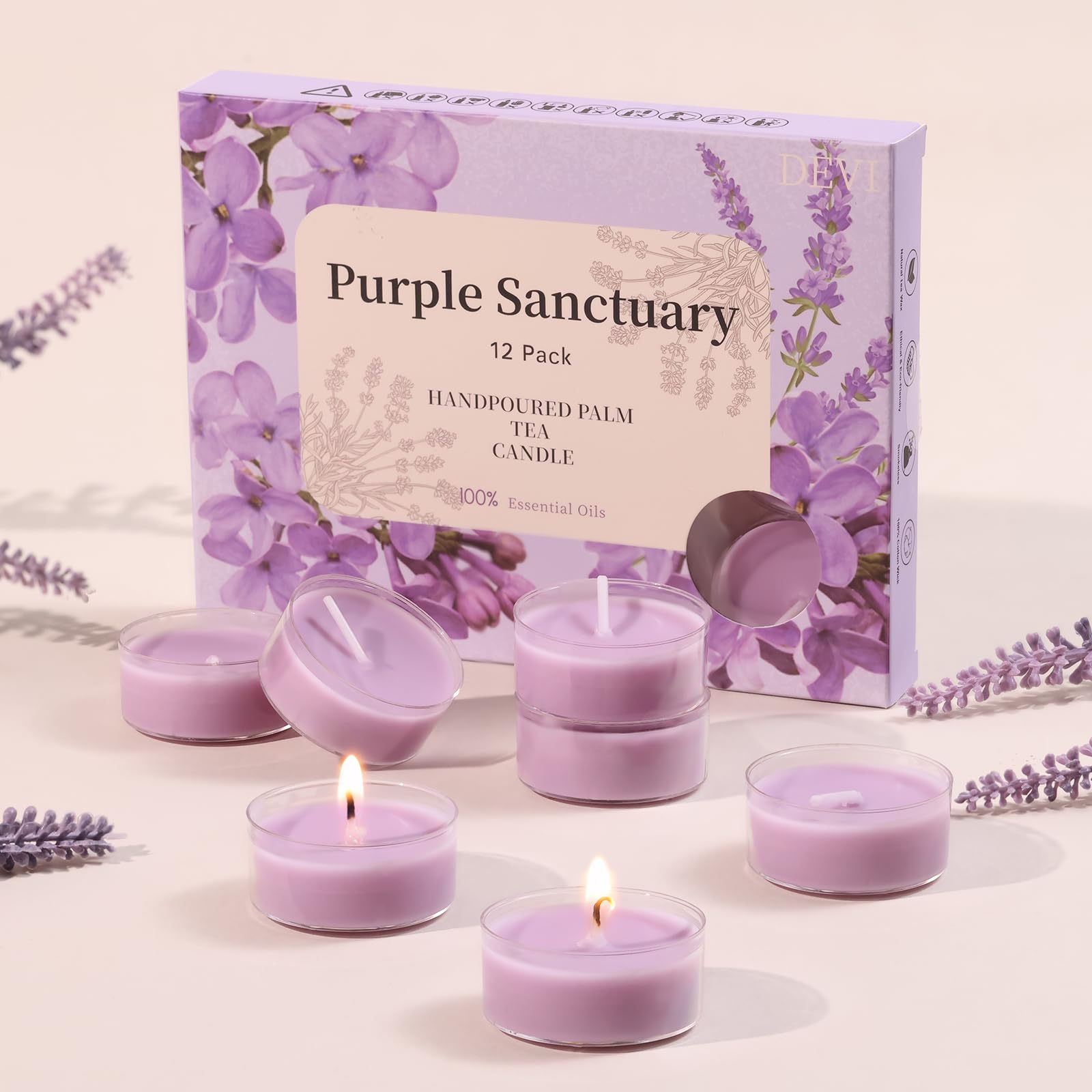 DEVI Purple Sanctuary Highly Scented Tea Lights Candles 12 Pack, 3.5-4 Hours Natural Palm Tea Candles for Home Scented, Small Votives with Essential Oils for Home Aromatherapy, Baby Shower Favors