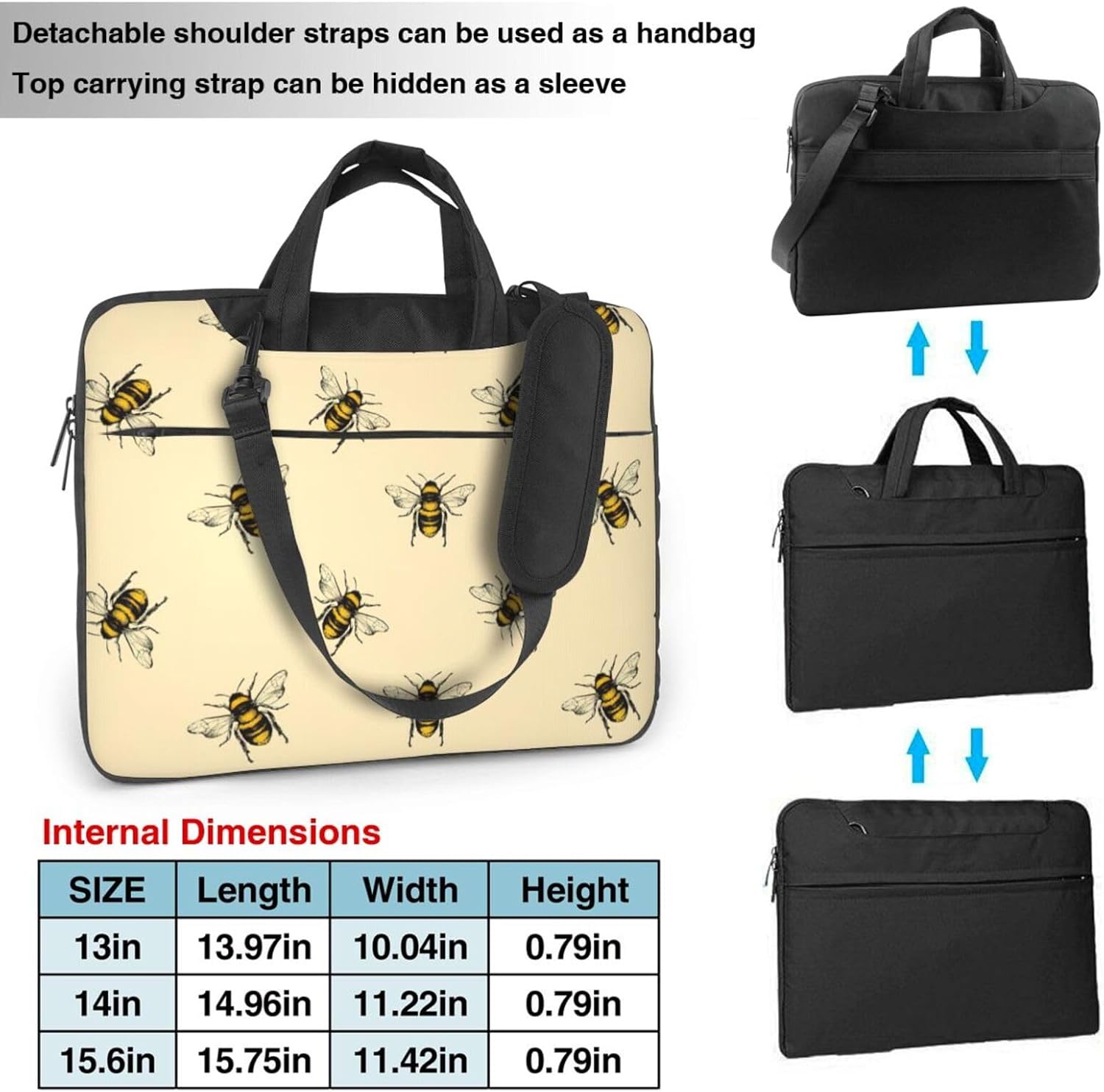 Honey Bee Print Laptop Shoulder Bag Messenger Bag Notebook with Accessories Pocket 13/14/15.6 inch, Black, 15.6 inch
