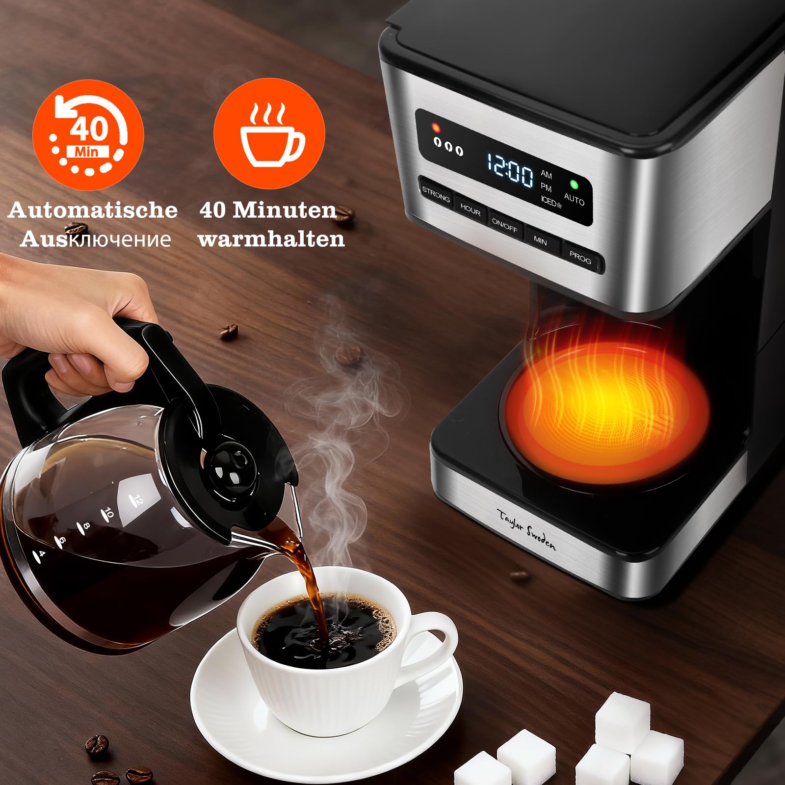 Taylor Swoden Kaffeemaschine 1,8L mit 24H Timer, Eiskaffee-Modus, 3-stufige Stärkeauswahl automatische Reinigung, Filterkaffeemaschine mit Glaskanne & Tropf-Stopp, Wiederverwendbarem Filter, Schwarz