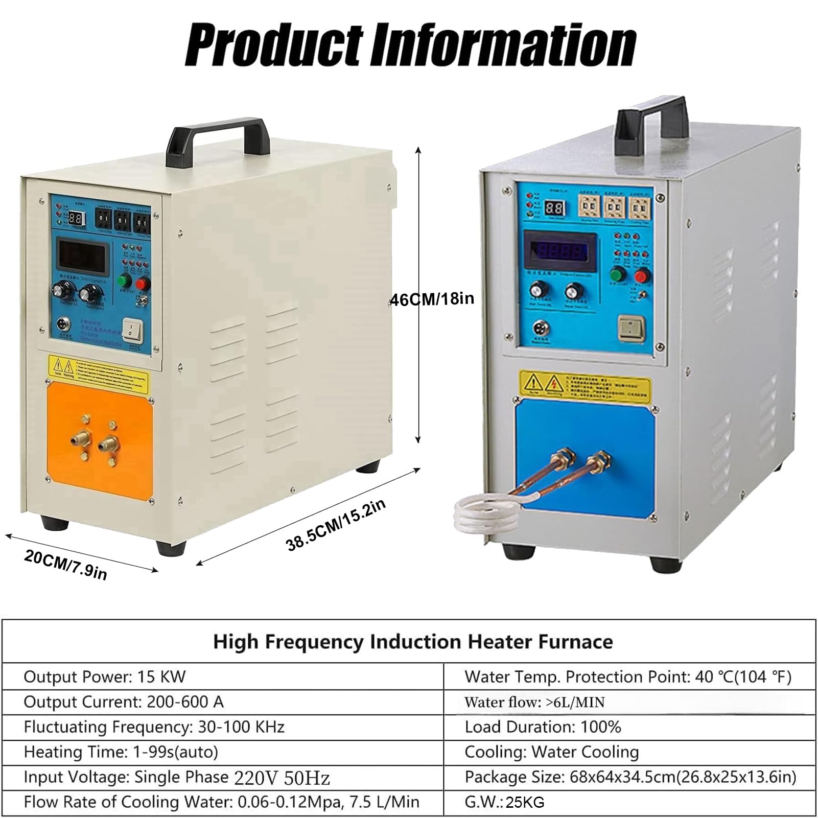 Nagrzewnica indukcyjna 15 kW 30-100 kHz, sprzęt do hartowania o wysokiej częstotliwości, jednofazowy 220 V, ogrzewanie trzystopniowe, natychmiastowy start bez wstępnego ogrzewania, ochrona
