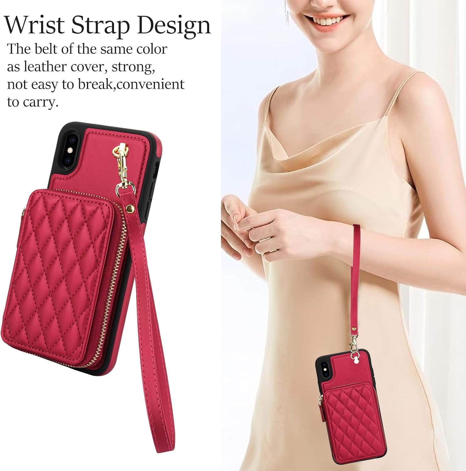Phone Case for iPhone Xs X 10 10s Wallet Cell Cover with Tempered Glass Screen Protector Wrist Crossbody Strap RFID Blocking Card Holder iPhoneX iPhoneXs iPhone10 i PhoneX SX 10x 10xs X’s Women Red