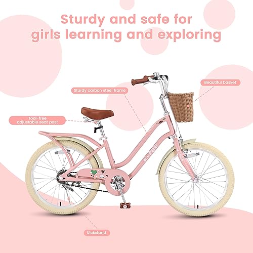 Miniatura 5 de Bicicleta de 20 pulgadas para niñas con canasta, bicicleta para niños de 7 a 12 años, bicicleta de crucero de playa verde y rosa para niñas, frenos