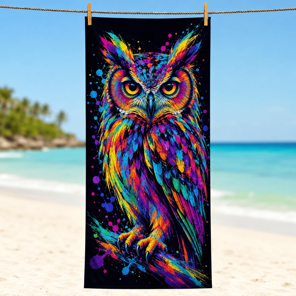 Telo Mare Microfibra Gufo Colorato Asciugatura Rapida | Asciugamano da Spiaggia Gufo Astratto, 145x200 cm, Assorbente, Accessori Mare, per Palestra Viaggio