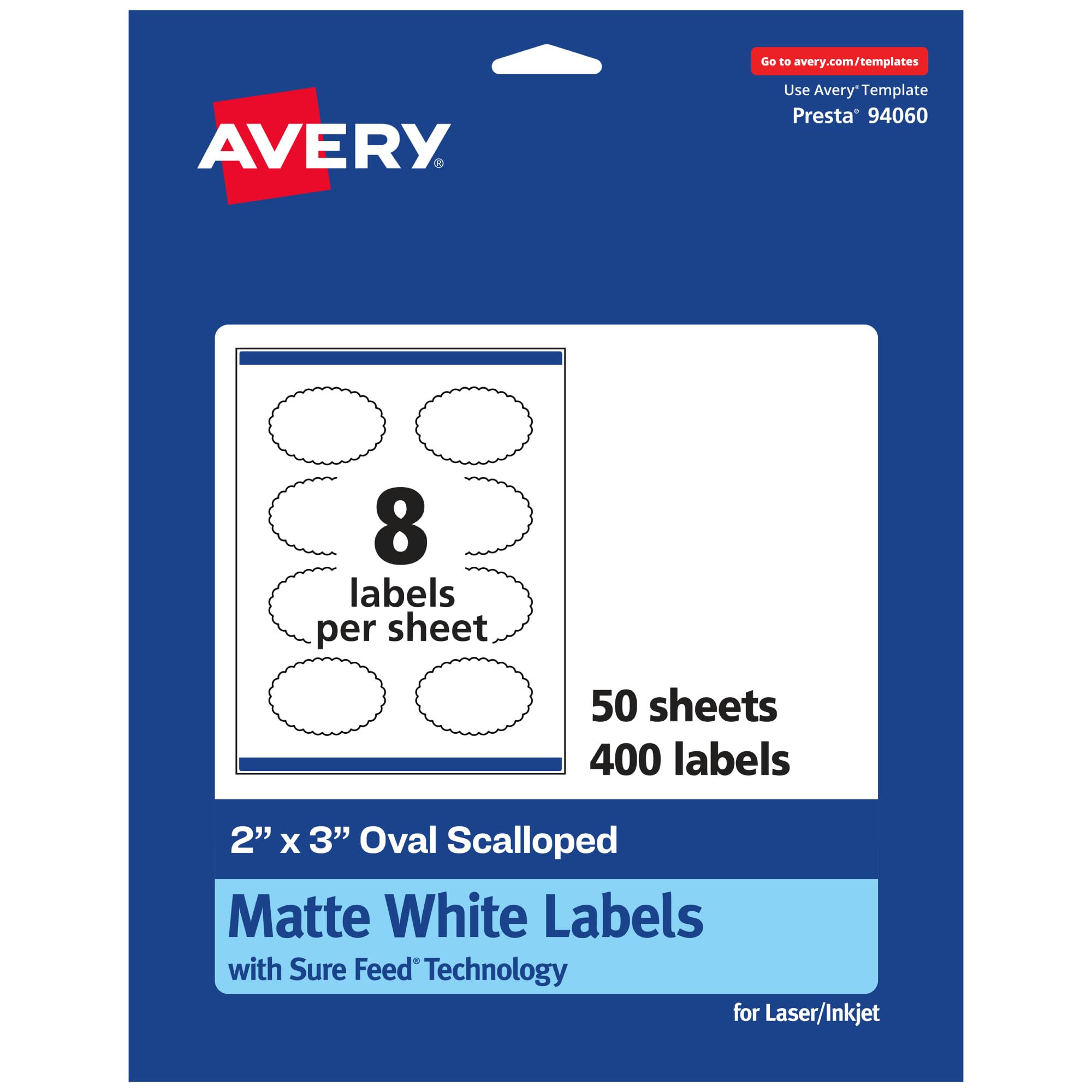 Avery Lot de 400 étiquettes festonnées ovales blanc mat avec alimentation sûre, 5,1 x 7,6 cm, 400 étiquettes imprimables blanc mat