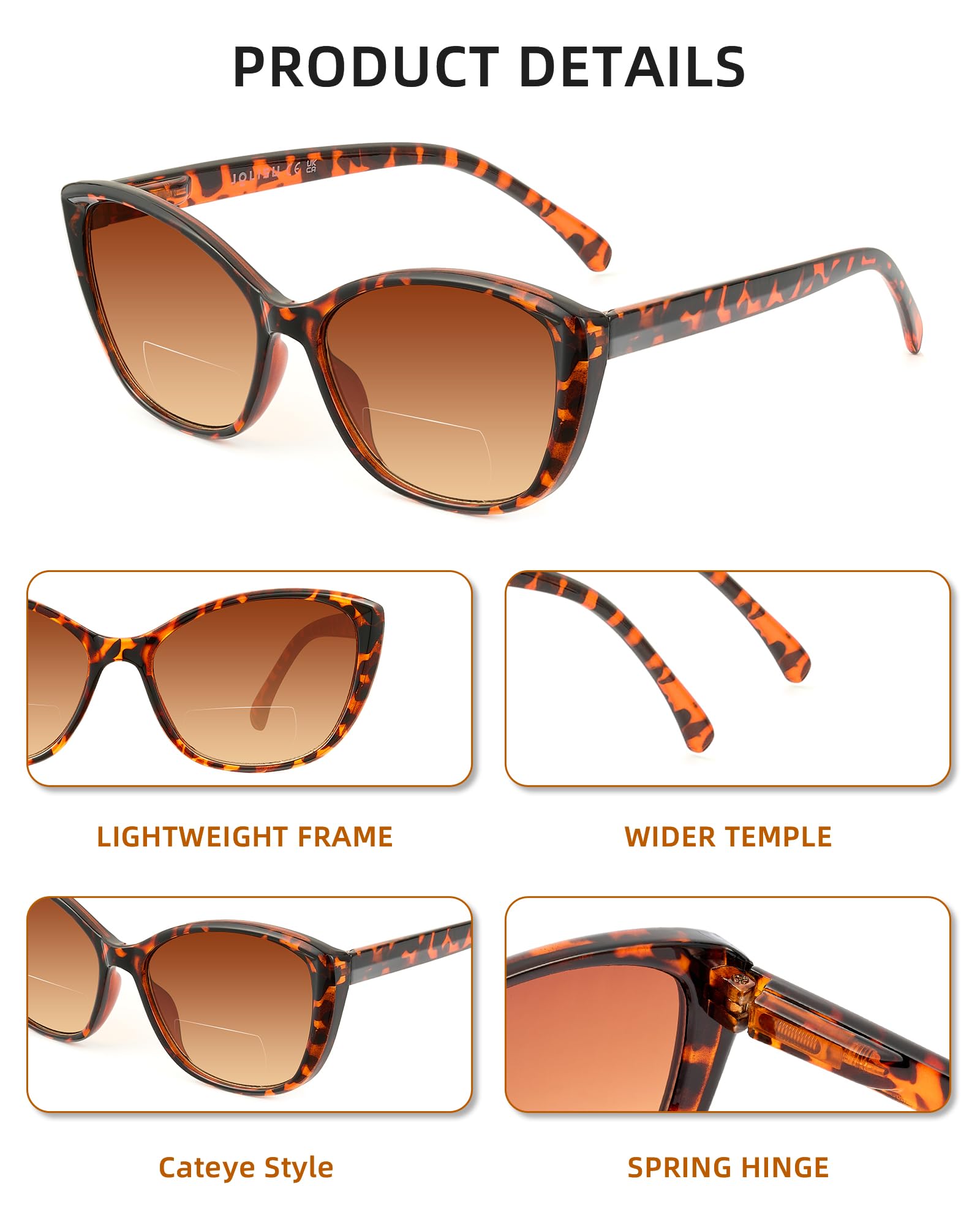 JOLISU Paquete de 3 lentes de sol bifocales de lectura de ojo de gato para mujer, 2 en 1 UV400 con bisagra de resorte para actividades al aire libre