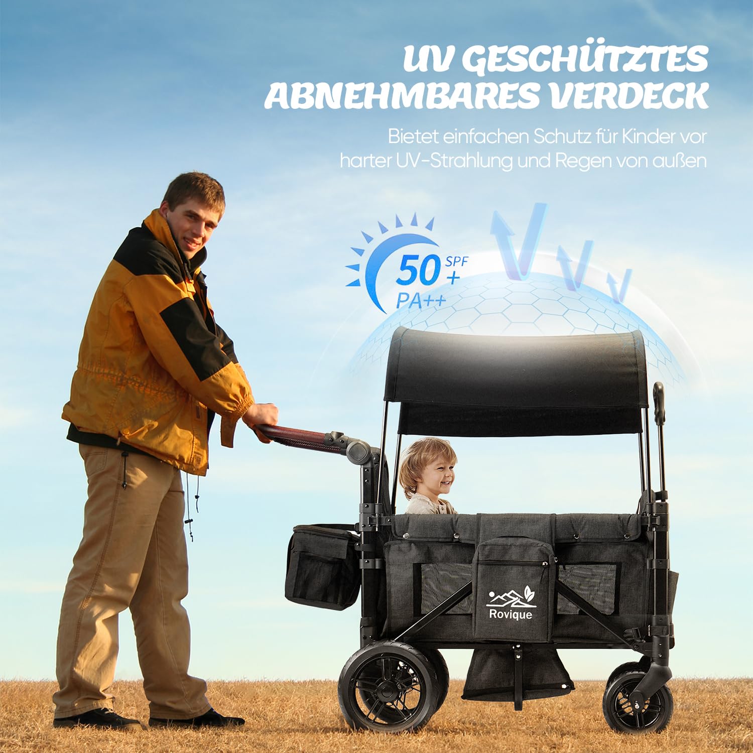 Chariot pliable Rovique avec toit solaire réglable – Chariot à 2 places, poussette avec harnais 5 points, poignée réglable en hauteur, fonction pousser-tirer, roues en PU avec freins, sac de rangement