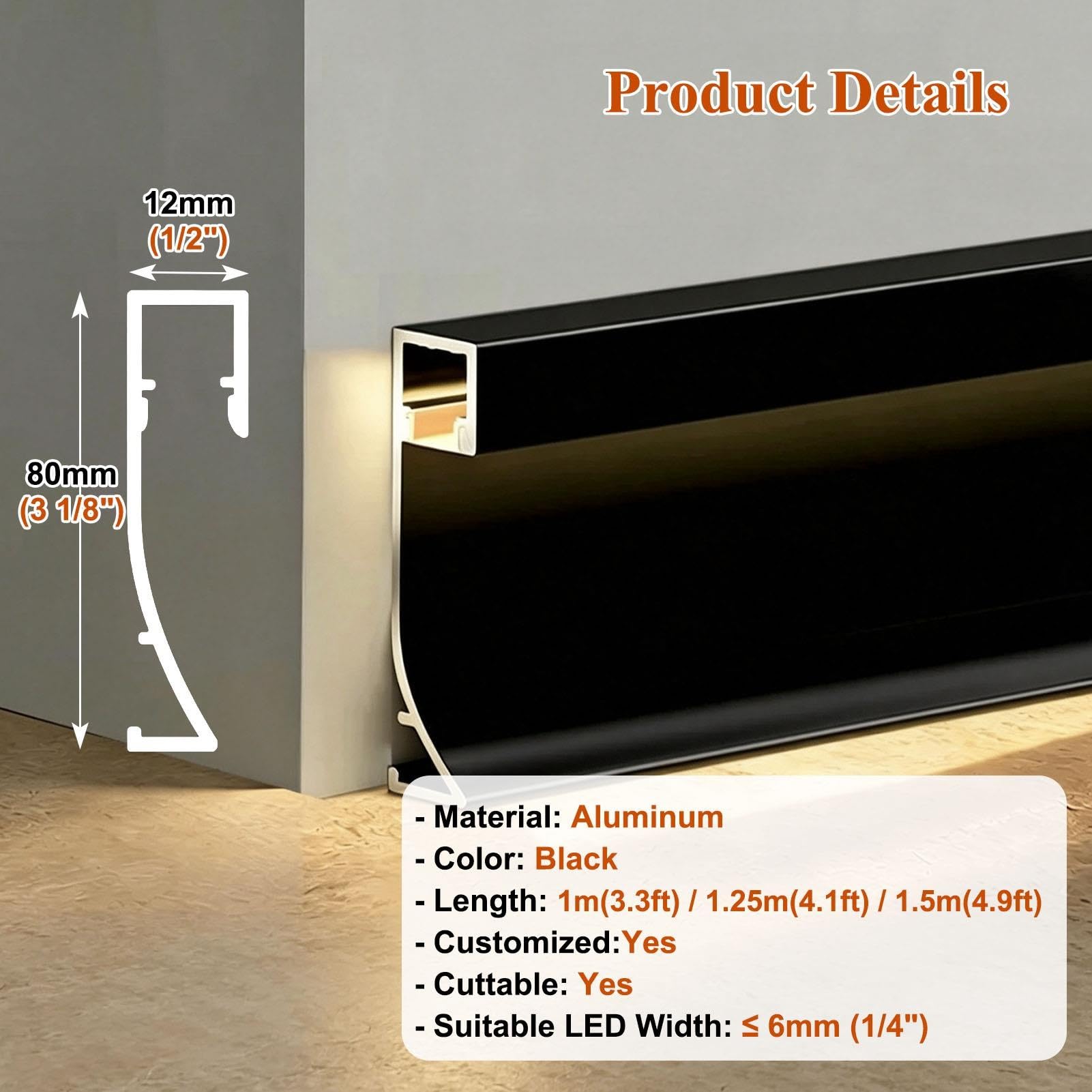 Veletta LED Doffitto Illuminazione LED per Battiscopa lunghezze | Profilo per Battiscopa Nero (installazione a Incasso o a Parete) – Sicurezza Notturna(7pack,125cm/4.1ft)