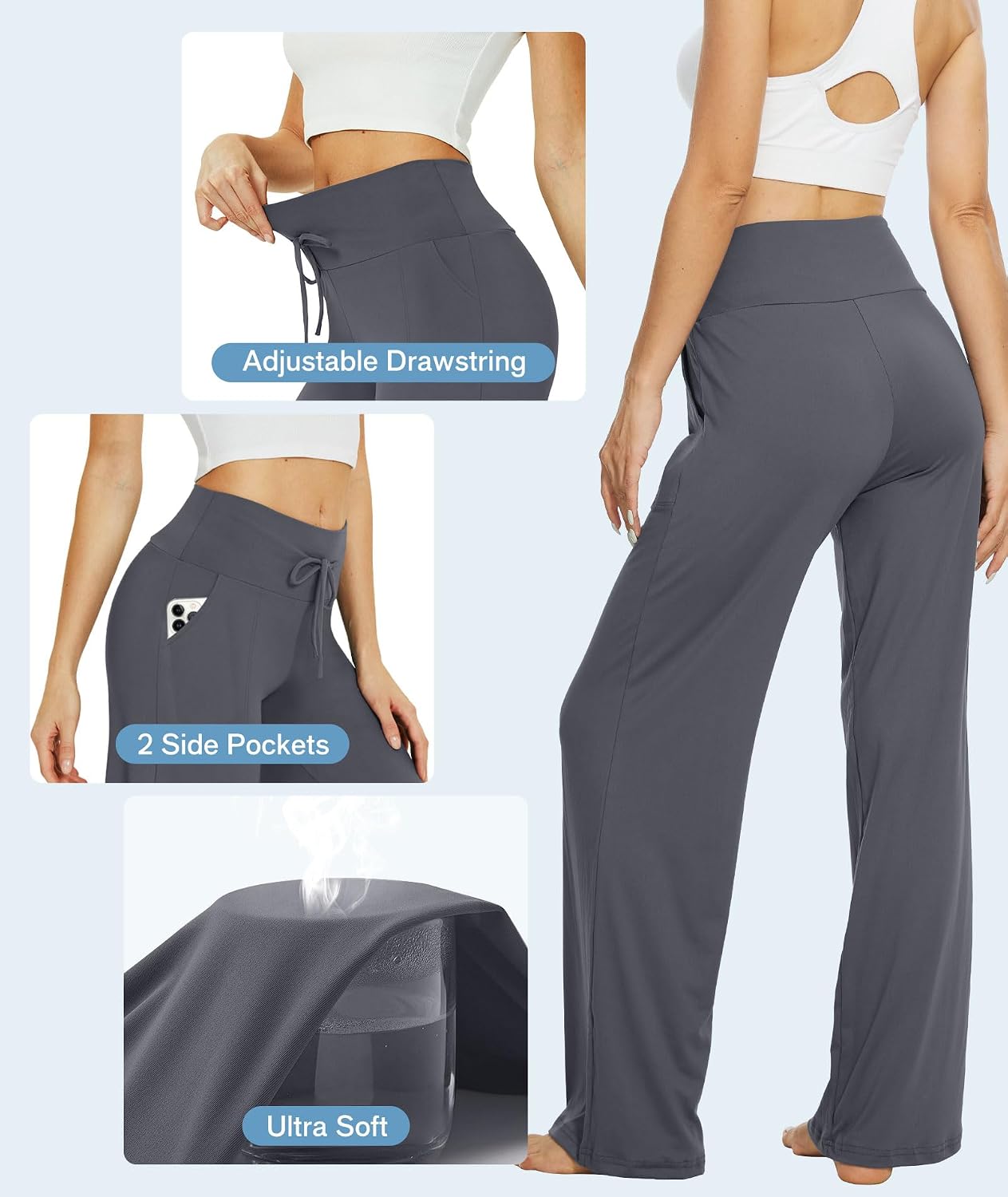 TNNZEET 3 Pack Women's Wide Leg Pants with Pockets - Casual Loose Yoga Trouser Pants Sweatpants Palazzo Lounge Pajama Pants